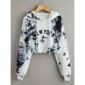 [Tie Dye Crop Hooded Sweatshirt] Tie Dye Crop Hooded Sweatshirt, Letter Print Lo